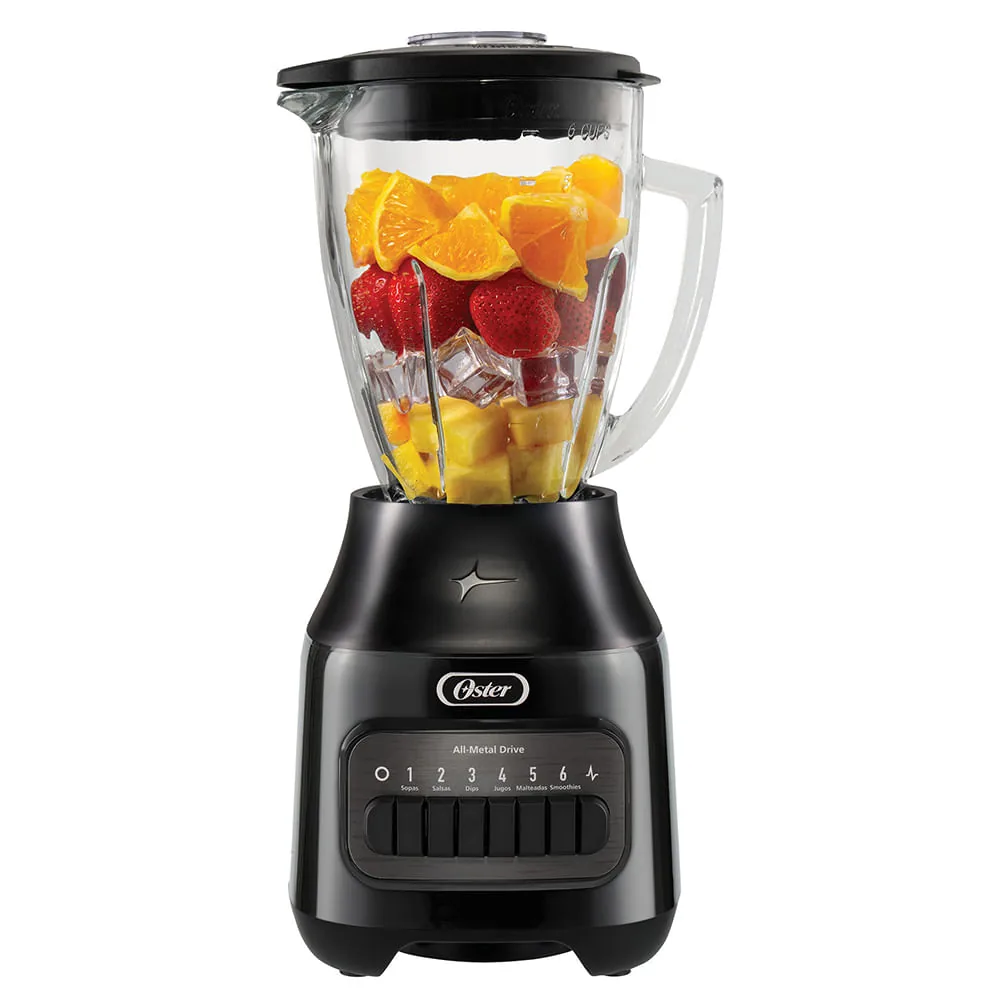 Oster Licuadora, con Vaso de Vidrio Refractario Boroclass y 6 Velocidades más Pulso, Ideal para Recetas Frias y Calientes, Negro, BLSTPEGBPB
