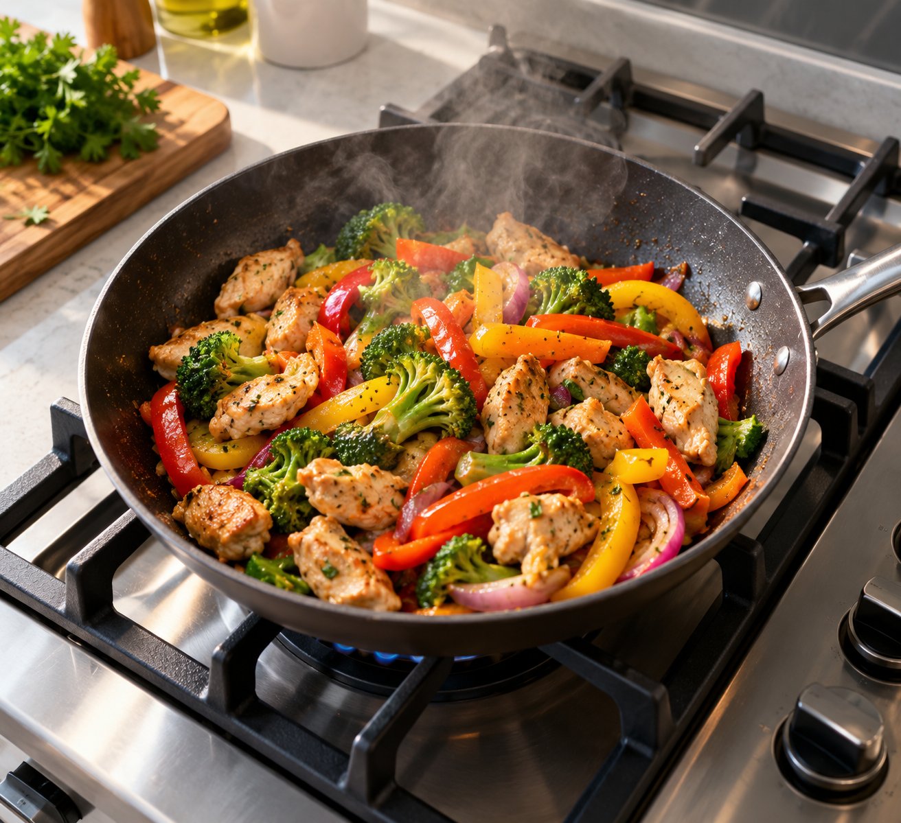 Salteado de pollo con brócoli, pimentón y cebolla en un sartén sobre una estufa a gas, receta fácil para hacer en casa en menos de 30 minutos