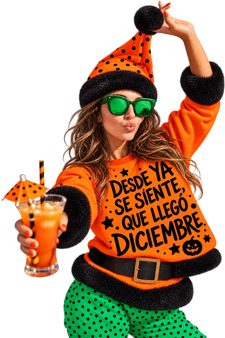 Chica con gorro naranja y gafas verdes brindando, con el mensaje Desde ya se siente que llegó diciembre, campaña Simulacro Decembrino de Almacén Electrohogar