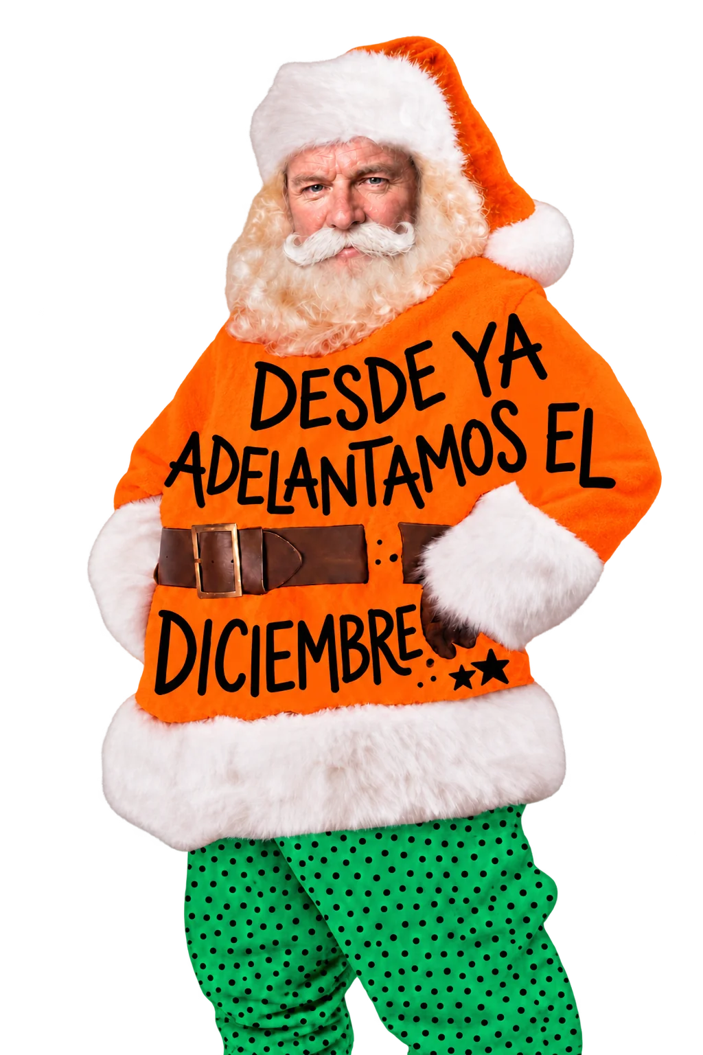 Santa Claus de traje naranja con el mensaje Desde ya adelantamos el diciembre, campaña Simulacro Decembrino de Almacén Electrohogar